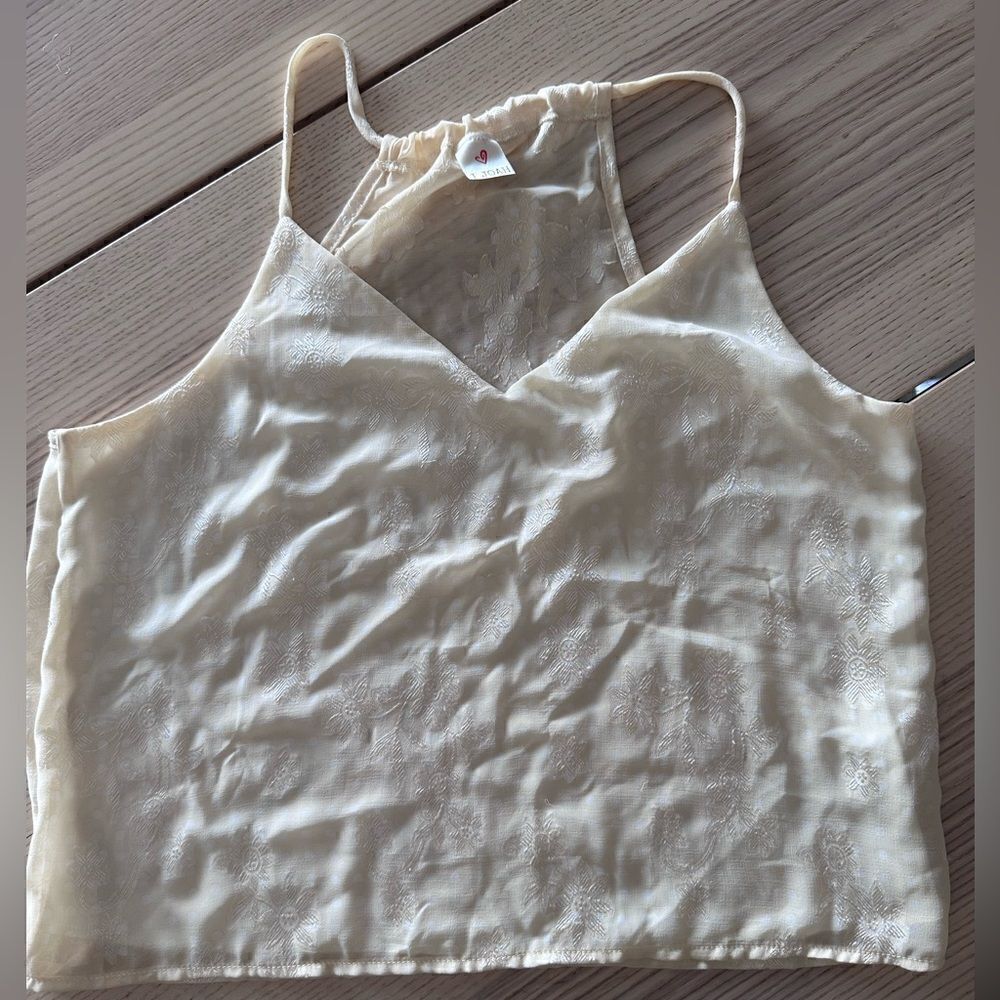 I Joah floral spaghetti strap high neck embroidered crop top in cream - LG